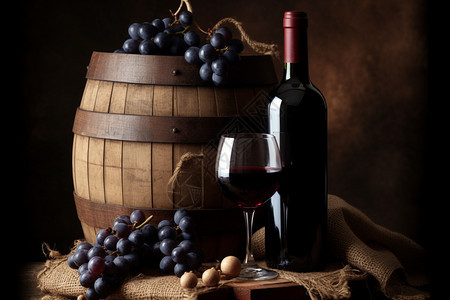 木桶旁的葡萄和葡萄酒图片