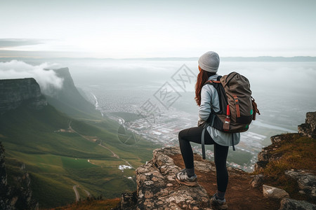 健身女背包的女登山者背景