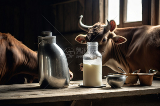 农业养殖场中新鲜收集的鲜奶图片