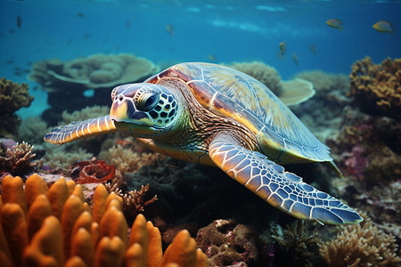 深海中游泳的海龟图片