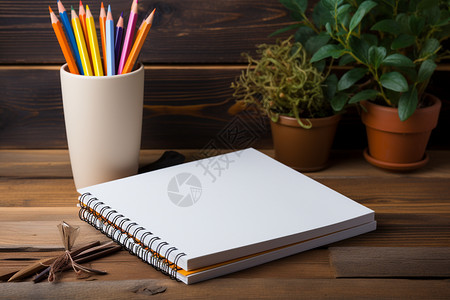 彩铅盆栽木桌上的笔记本和彩铅背景