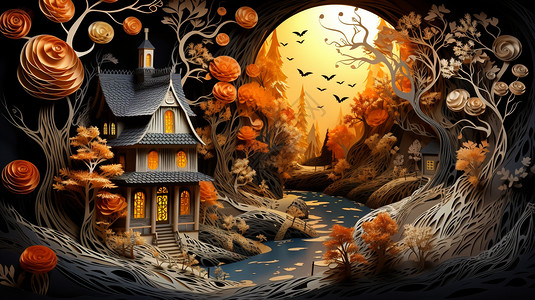 秋天的树木和房屋高清图片
