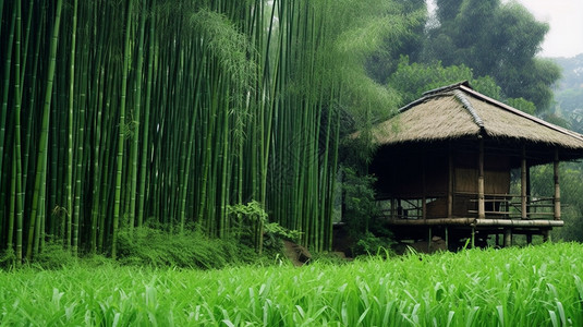 竹林里的竹屋高清图片下载-正版图片600484141-摄图网