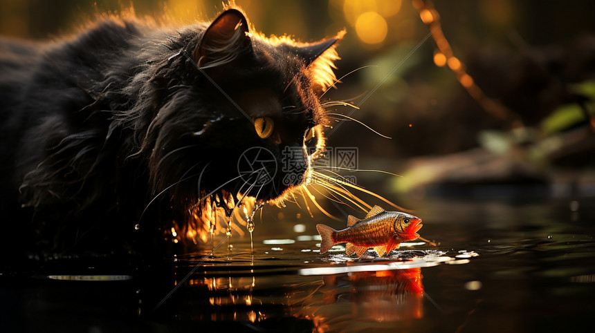 一只黑猫正在吃鱼图片