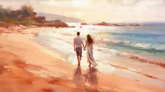 一群情侣在海边散步图片
