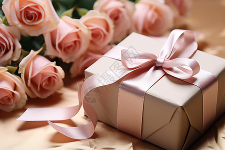 粉红礼盒上的丝带和玫瑰图片