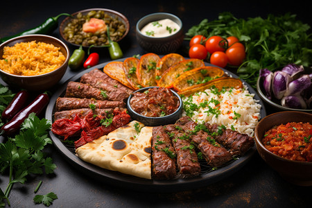 餐桌美食色香味俱佳的中东菜肴背景