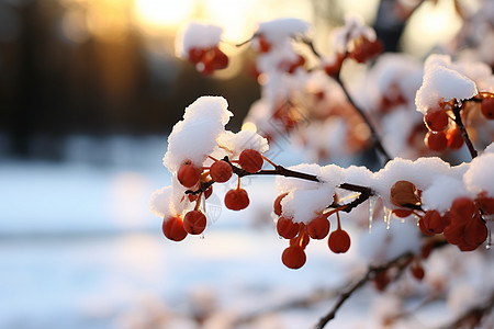 阳光下的雪景冬日阳光下覆盖着冰雪的莓果背景