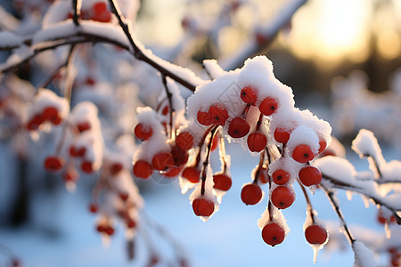 冬日红果上的雪花图片