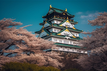 围绕着樱花树的日式城楼图片