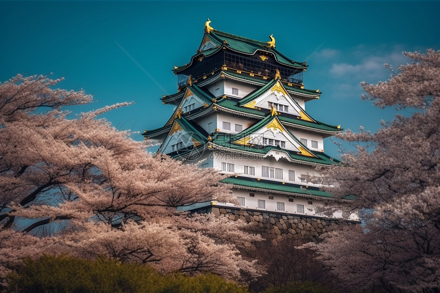 围绕着樱花树的日式城楼图片