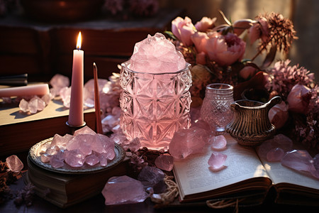 粉色晶石和蜡烛背景图片