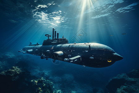 深海水母深海航行的现代潜艇背景