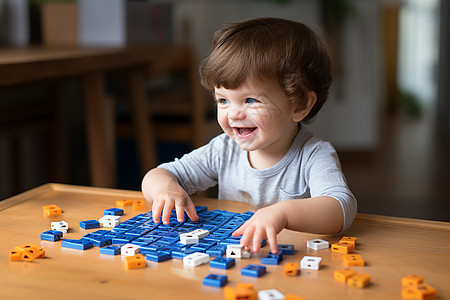 别踩白块素材小男孩在桌子上玩蓝白拼图背景