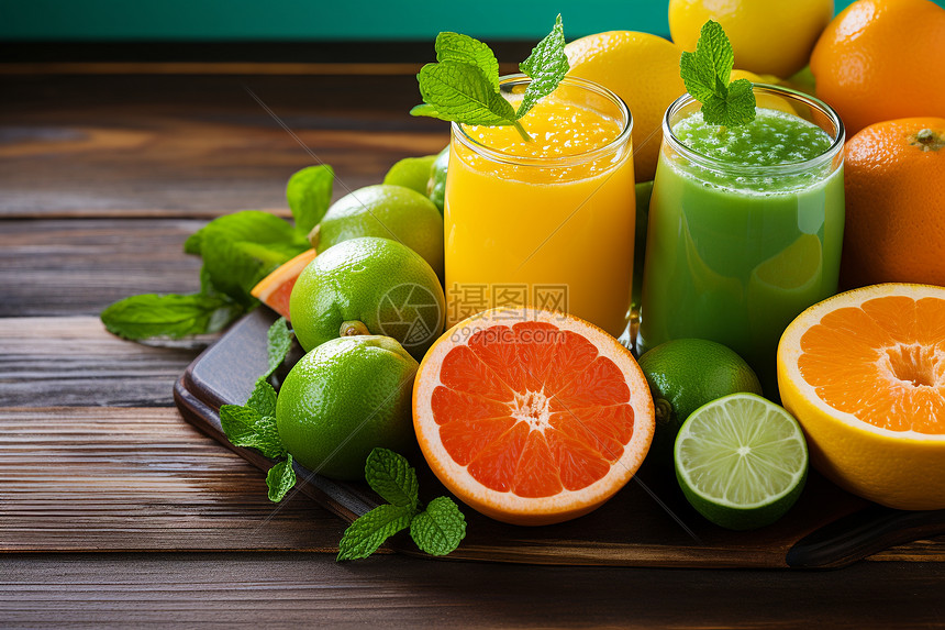 新鲜的橙汁和水果图片