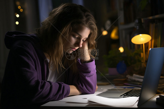 熬夜复习的女学生图片