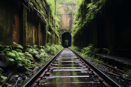 小轨距铁路古老的隧道中的神秘绿色景观背景