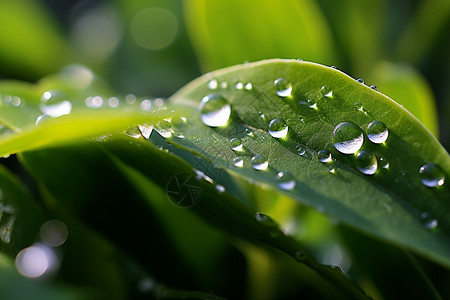 清晨的雨露洒在绿叶上图片