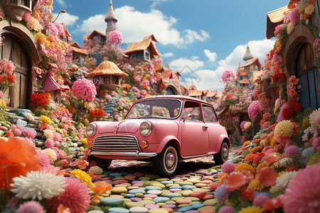 迷你汽车停在粉色花园图片