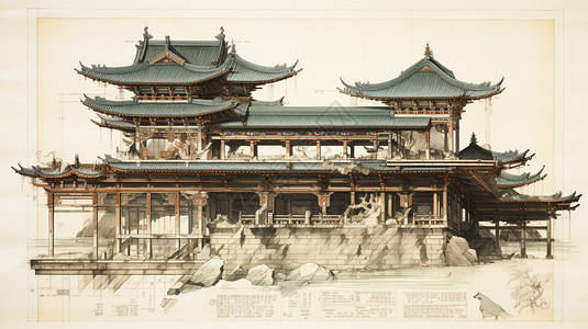 仿古中国古建筑插画图片