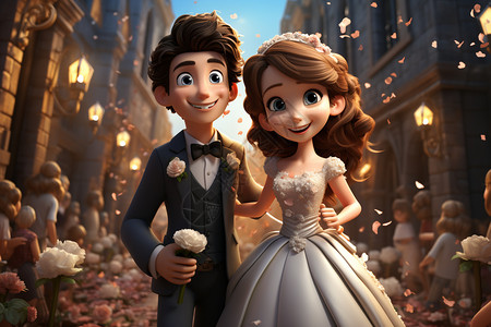婚礼的卡通新娘和新郎背景图片