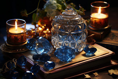 桌子上的蓝色水晶图片