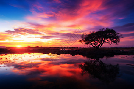 湖上倒映着丰富多彩的日落的树影图片
