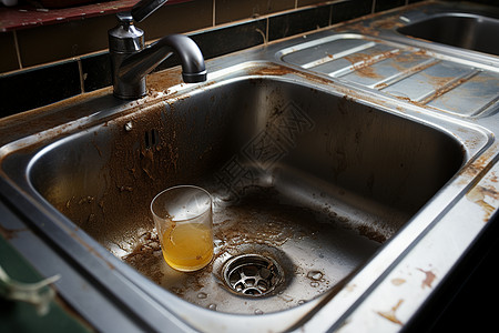 啤酒杯在肮脏的水槽里图片