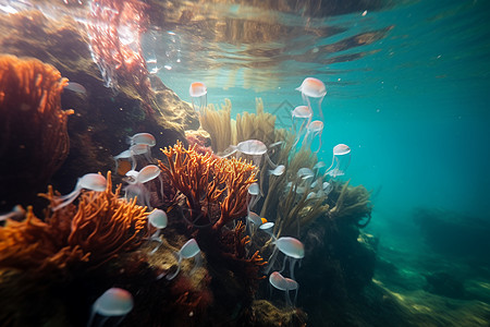 海底珊瑚旁的半透明水母图片