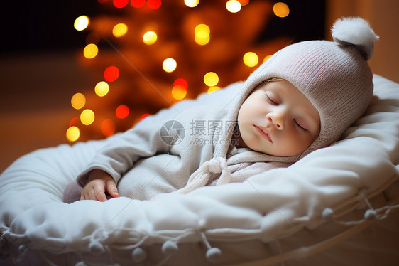 睡梦中的宝贝和圣诞树图片