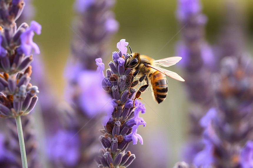 蜜蜂飞舞在太阳下的一朵薰衣草花上图片