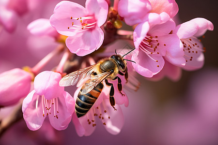 粉色花朵上栖息蜜蜂图片