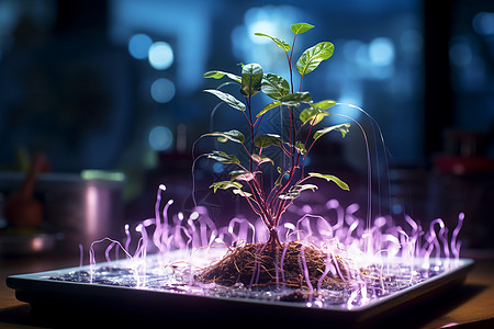 紫色光效中生长的植物图片