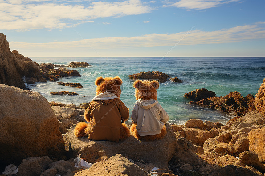 熊熊坐在一起看海滩图片