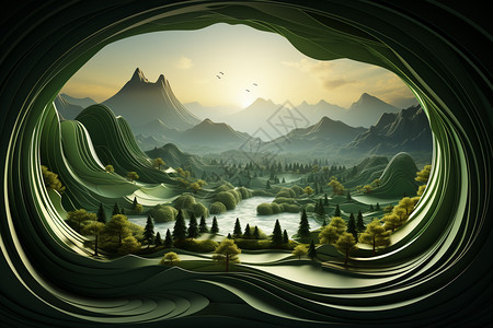 抽象绿色山川河流背景图片