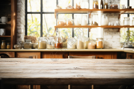 乡村厨房中的实木桌面背景图片