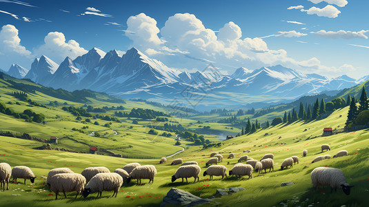 辽阔草地上放牧的绵羊图片