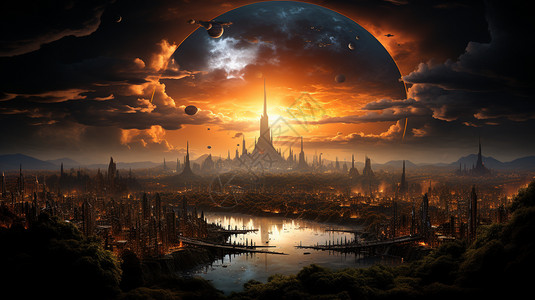 绚丽壮观的未来城堡城市背景图片