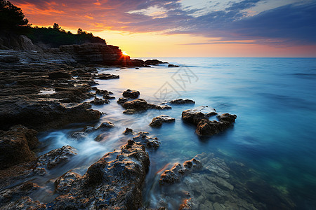 日落下的岩石海滩图片