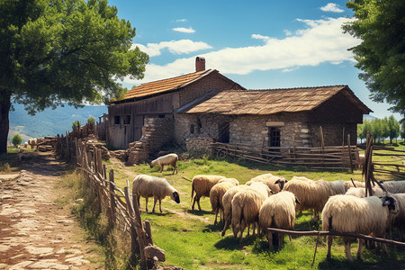 郊外房子草坪上羊群背景