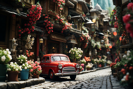 街道上的红色小轿车图片