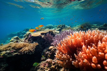 珊瑚礁中的鱼儿游背景图片