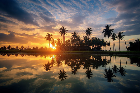 夕阳下的棕榈树背景图片