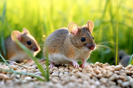 嘚瑟小老鼠两只小老鼠在草地上玩耍背景