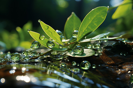 绿色水珠翠绿的植物和水滴背景