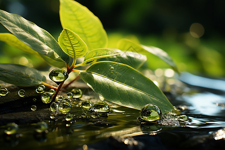 水面上的水滴和植物图片