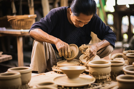 土陶制作陶艺家在桌子上用黏土做花瓶背景