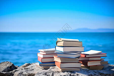 一摞书放在海滩的岩石上高清图片