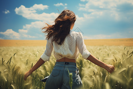 蓝天草原在草原上女性的背影背景