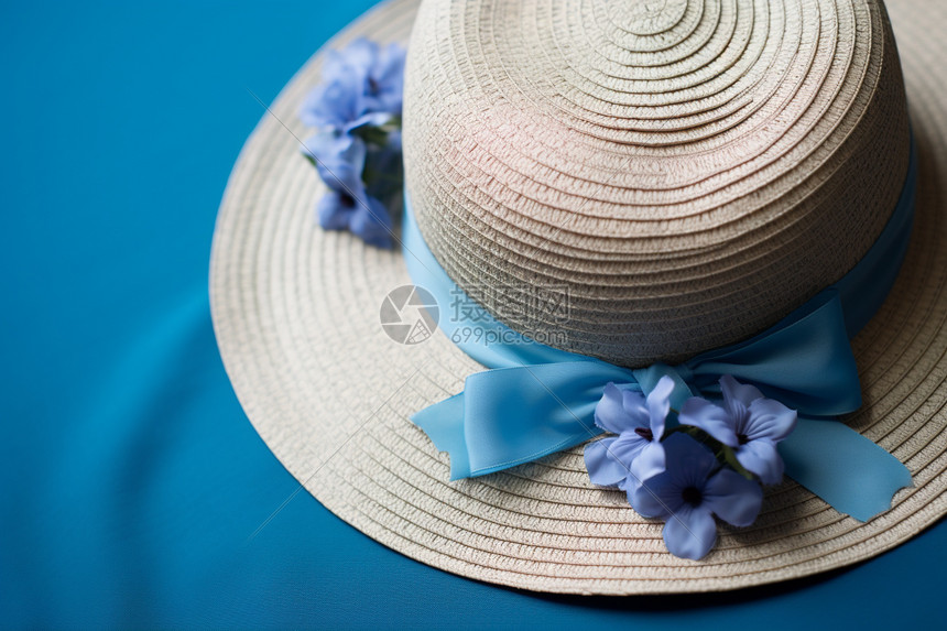蓝丝带与花朵装饰的草帽图片